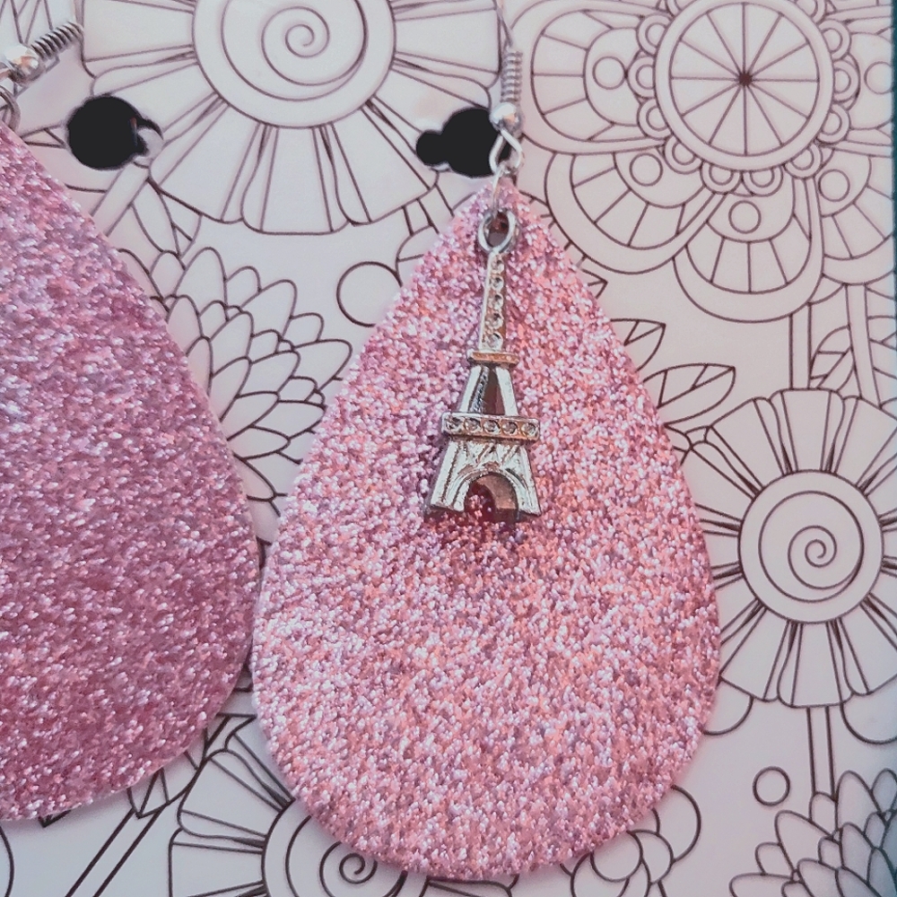 Pink Glitter Leatherette Teardrop Cut Earrings - You Choose Theme
